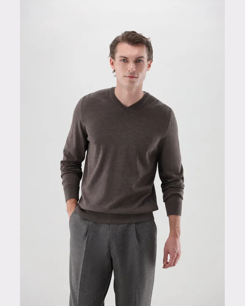van Laack Pullover mit V-Ausschnitt aus Merzerisierter Merinowolle Beige