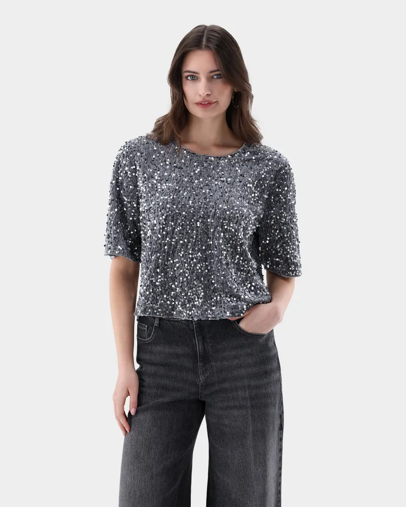 van Laack Top mit Pailletten Grau