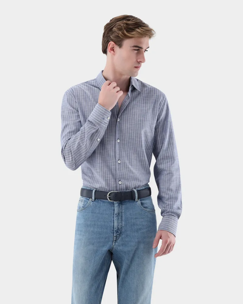 van Laack Gestreiftes Twill-Hemd verwaschene Optik Blau