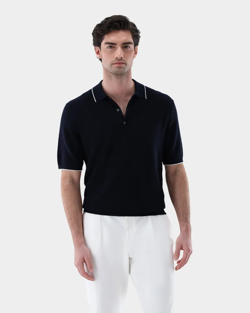 van Laack Strick Poloshirt mt Kaschmir und Jacquard Struktur Blau