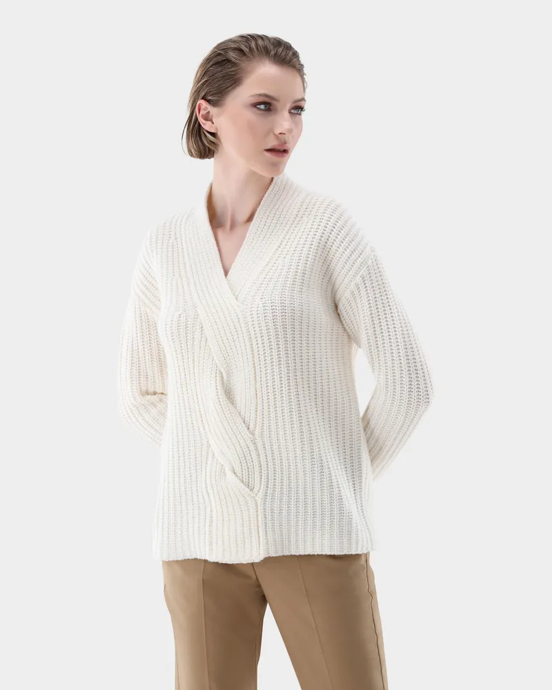 van Laack V-Ausschnitt-Pullover mit Zopfmuster Cremefarben