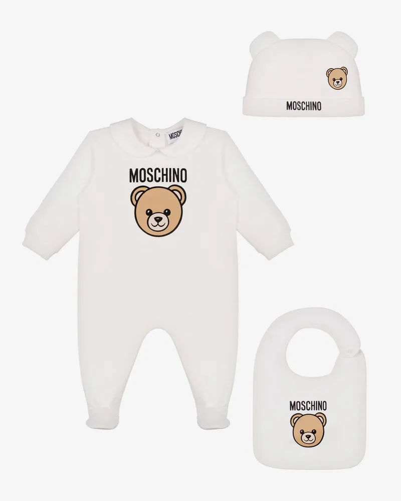 Moschino Moschino Teddybär Plüsch-Strampler, Mütze und Lätzchen aus Baumwolle - Weiß Weiß