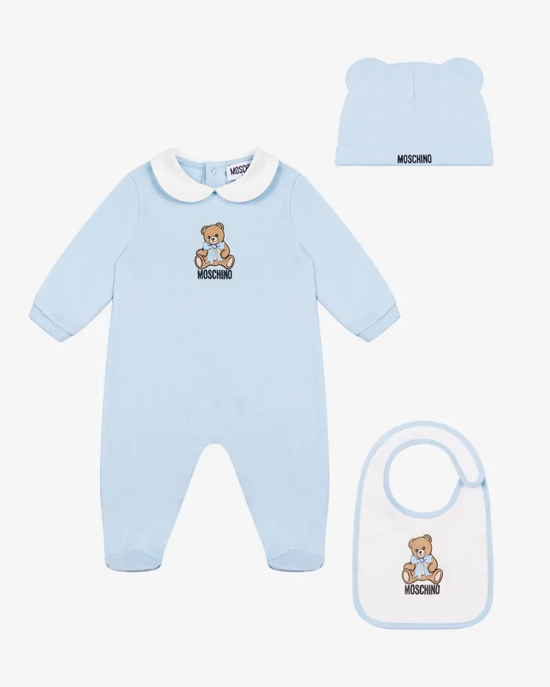 Moschino Set aus Strampler, Lätzchen und Mütze aus Baumwollfleece - Blau Blau
