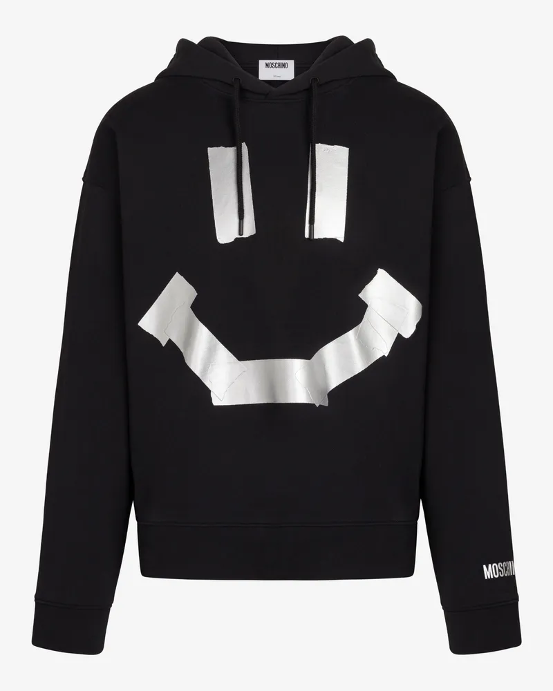 Moschino Schwarzes Sweatshirt aus Bio-Baumwolle mit Smiley®-Trompe-l’œil-Aufdruck im Klebeband-Look - Schwarz Schwarz