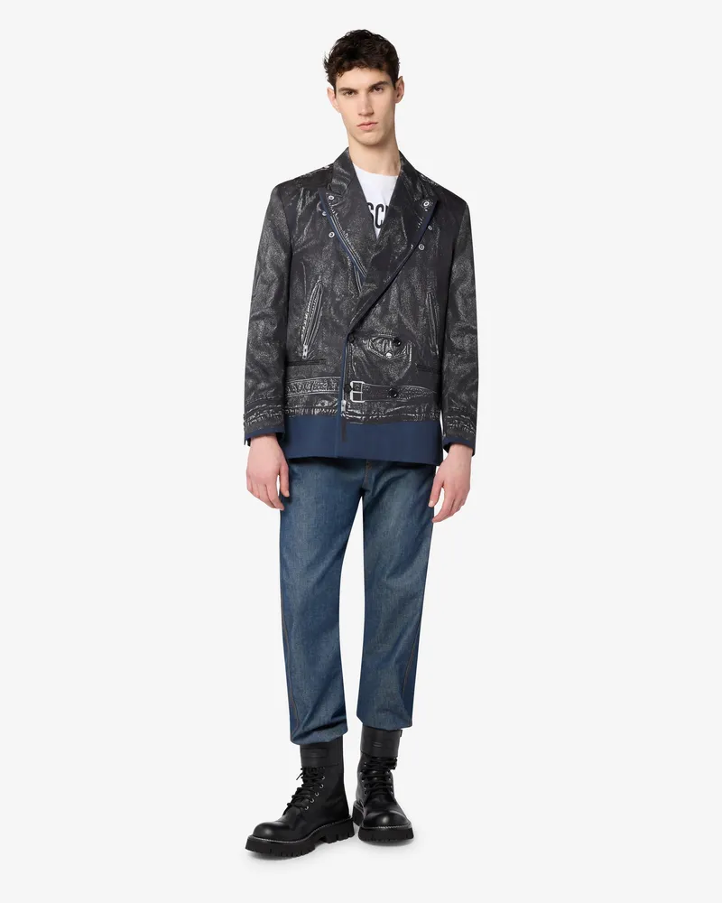 Moschino Zweireihige Jacke aus bedrucktem Baumwoll-Drill - Grau Grau