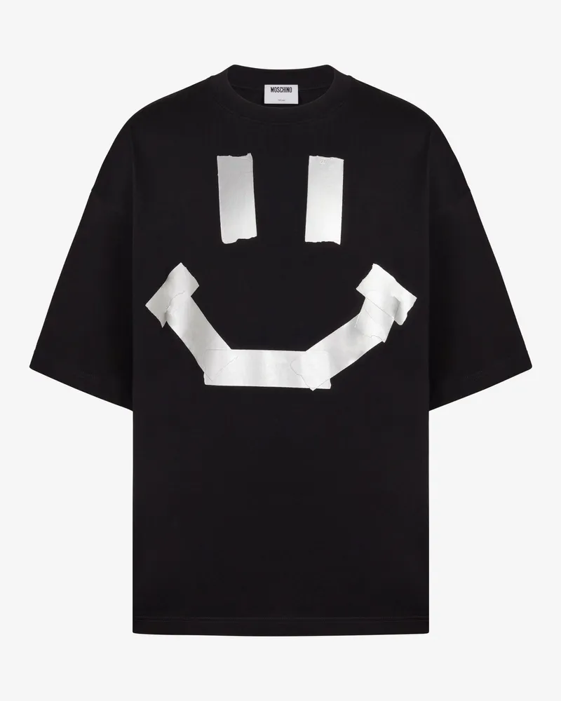 Moschino Schwarzes T-Shirt aus Bio-Baumwolljersey mit Smiley®-Trompe-l’œil-Aufdruck im Klebeband-Look - Schwarz Schwarz
