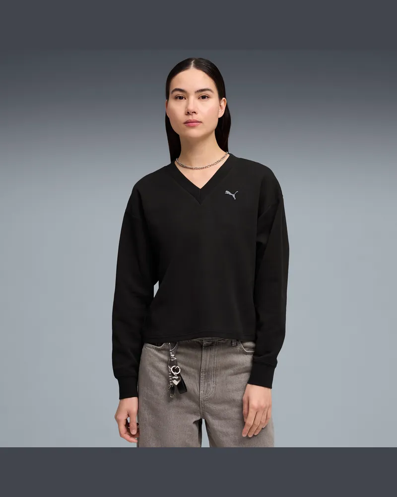 Puma Essentials Elevated Sweatshirt mit V-Ausschnitt Damen, Kleidung, Schwarz Schwarz