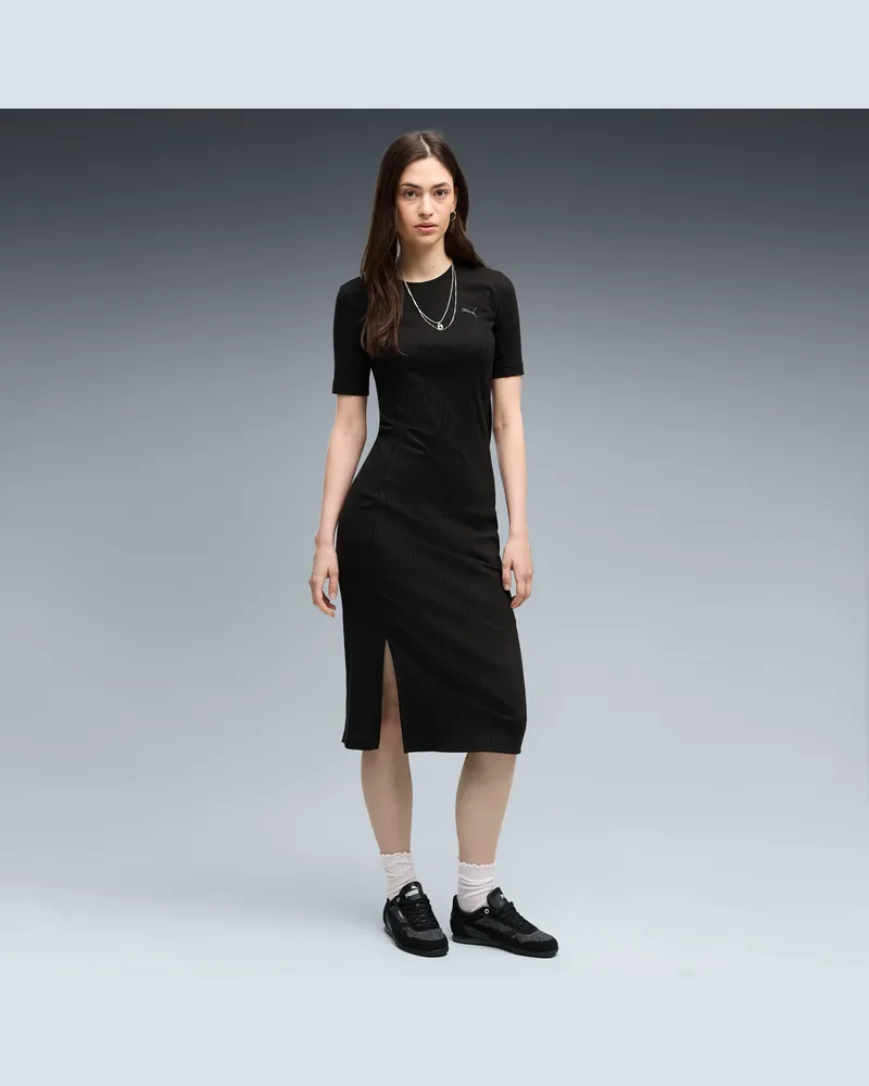 Puma HER Slim Geripptes Kleid Damen, Kleidung, Schwarz Schwarz