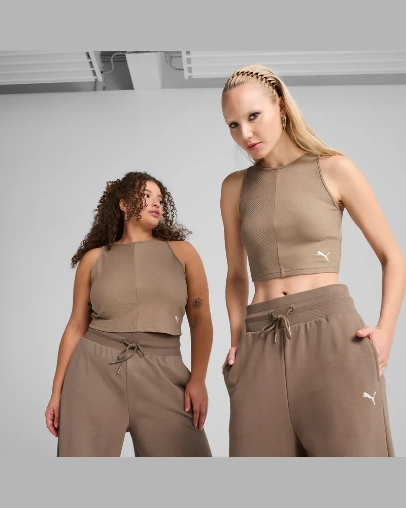 Puma WARDROBE ESS Geripptes Crop-Top Damen, Kleidung, Braun Braun
