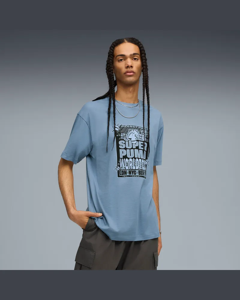 Puma Graphic SUPER  World Tour Relaxed T-Shirt Herren, Kleidung, Blau Blau