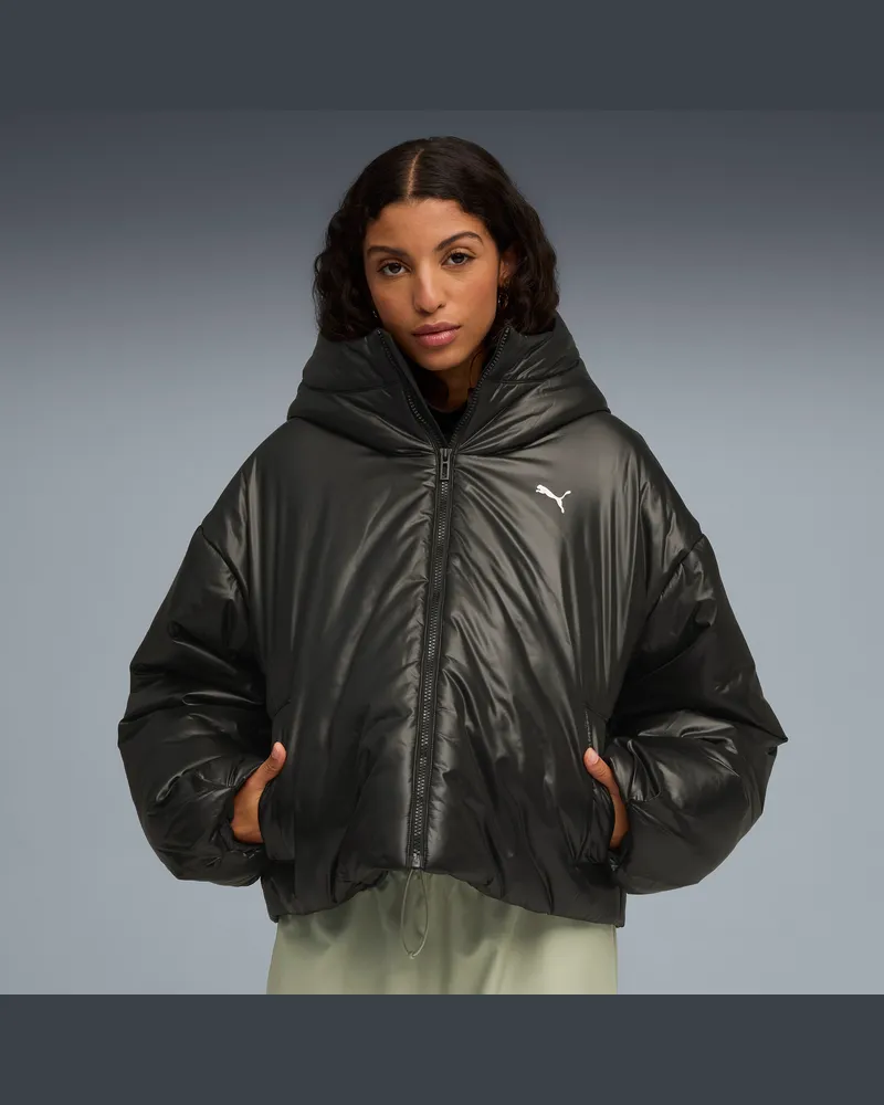 Puma Wardrobe Essentials Shiny Wattierte Kapuzenjacke Damen, Kleidung, Schwarz Schwarz