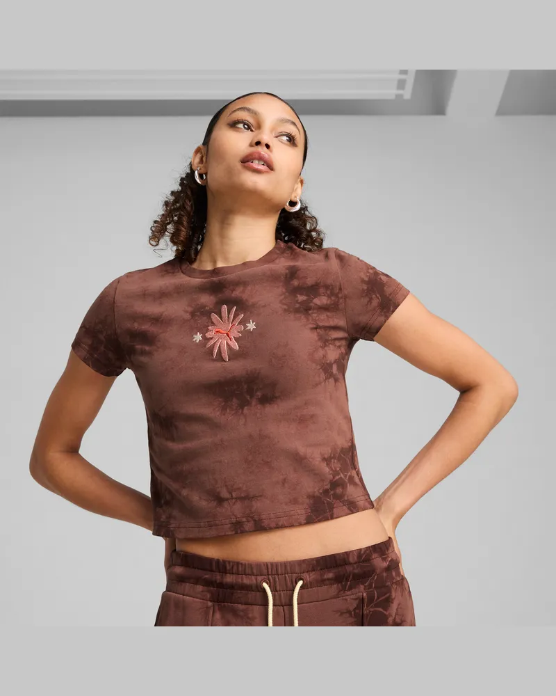 Puma WARDROBE ESS FLORAL PACK Kurzes figurbetontes T-Shirt mit Waschung und Grafik Damen, Kleidung, Braun Braun