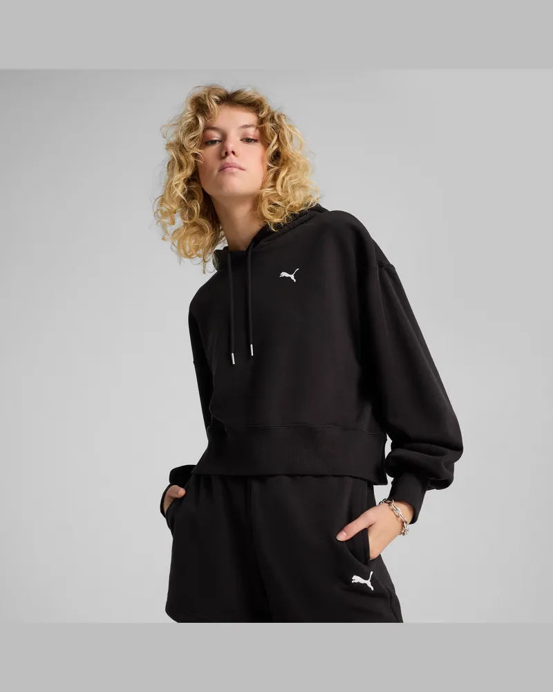 Puma WARDROBE ESS Kurzer Relaxed Fit Hoodie Damen, Kleidung, Schwarz Schwarz