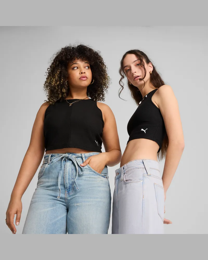 Puma WARDROBE ESS Geripptes Crop-Top Damen, Kleidung, Schwarz Schwarz