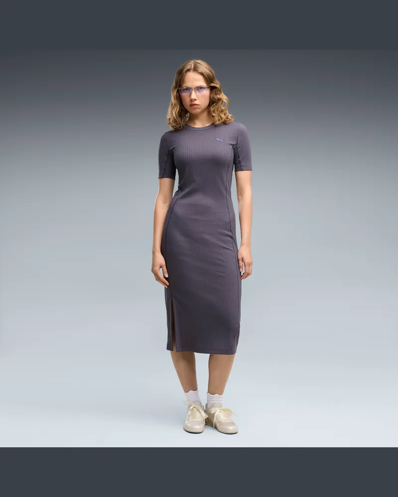 Puma HER Slim Geripptes Kleid Damen, Kleidung, Grau Grau
