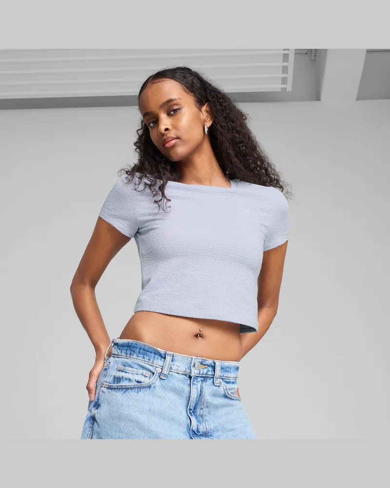 Puma DARE TO Kurzes figurbetontes T-Shirt aus strukturiertem Material Damen, Kleidung, Blau Blau