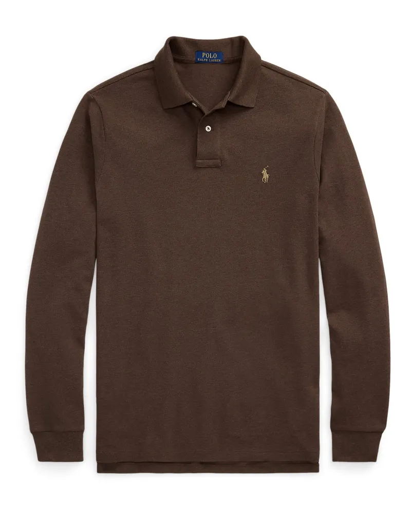 Ralph Lauren Langarm-Poloshirt mit kleiner Poloreiter-Stickerei, Custom Slim Fit in Braun