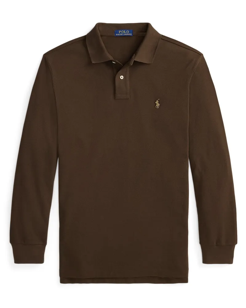 Ralph Lauren Piqué-Langarmpoloshirt mit Pony-Stickerei, Custom Slim Fit in Braun