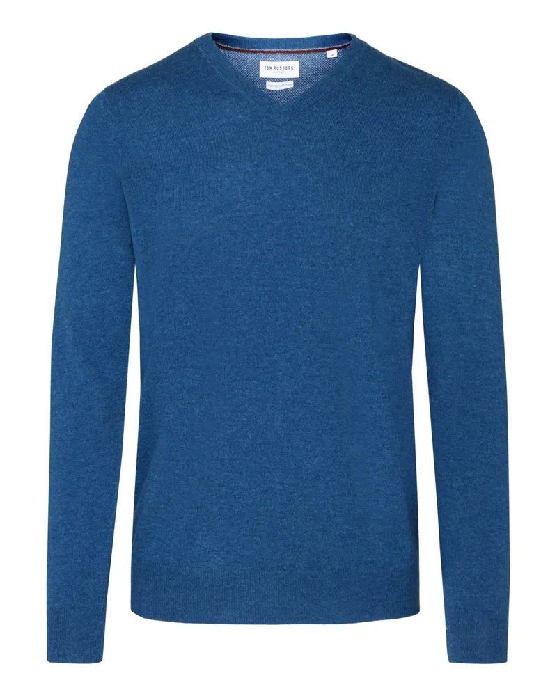 Tom Rusborg Leichter Pullover aus Merinowolle und Kaschmir mit V-Ausschnitt in Mittelblau