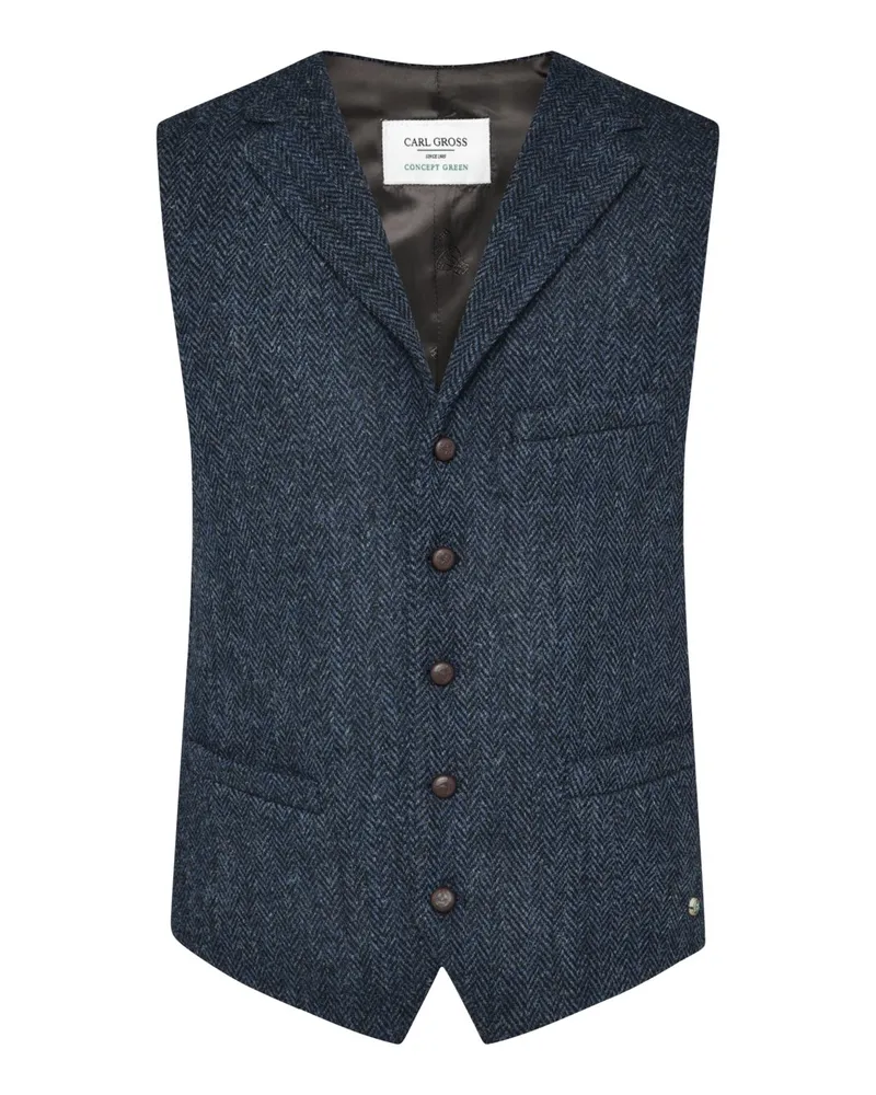 Carl Gross Tweed-Anzugweste aus Schurwolle mit Fischgrätmuster und Reverskragen in Blau