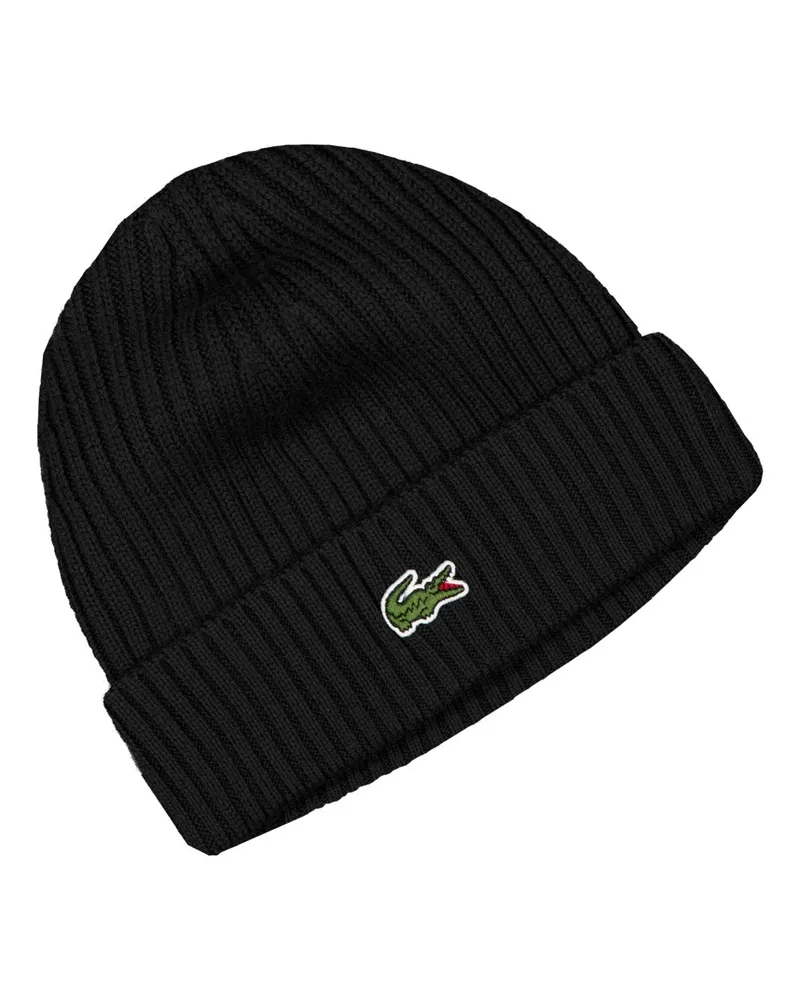 Lacoste Strickmütze aus Wolle mit Logo-Aufnäher in Schwarz