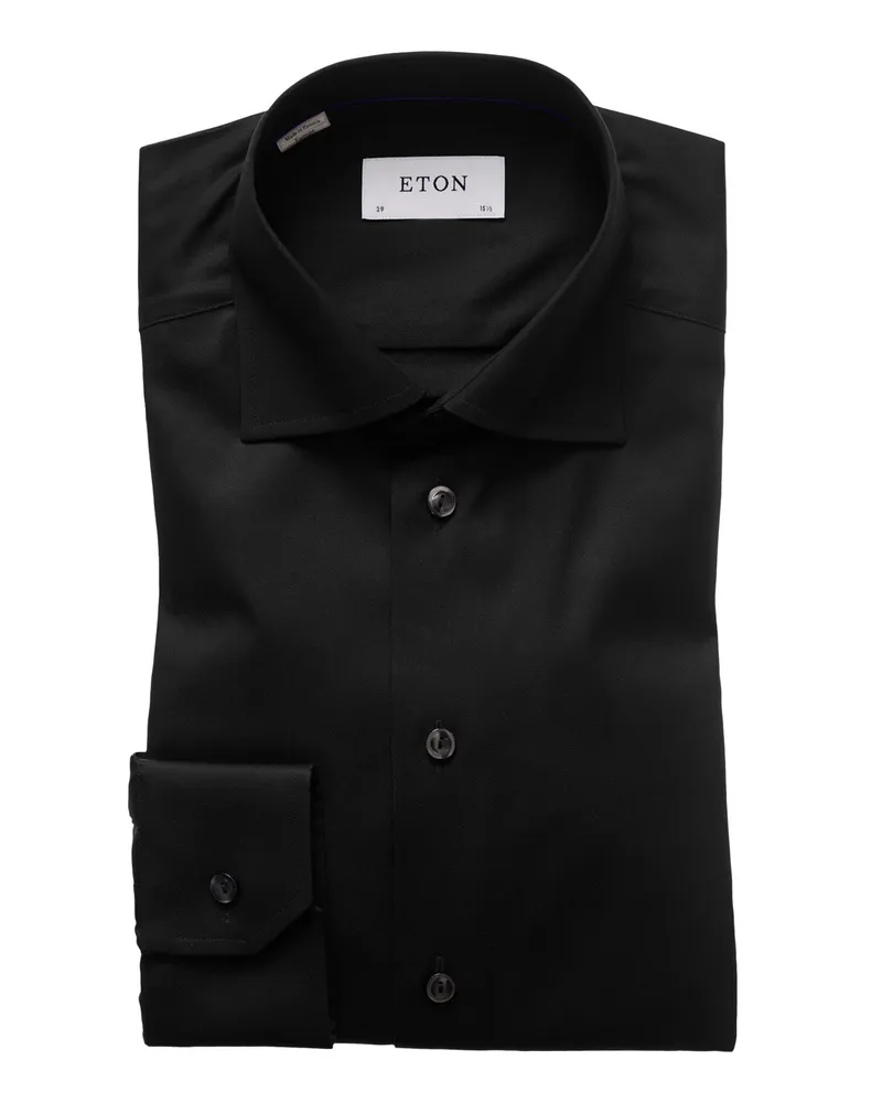 Eton Unifarbenes Baumwollhemd in Twill-Qualität, Super Slim in Schwarz