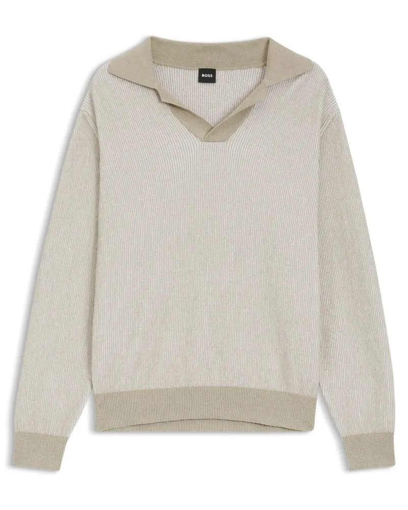 HUGO BOSS Langarm-Strick-Poloshirt mit Variokragen aus einem Baumwoll-Mix in Beige