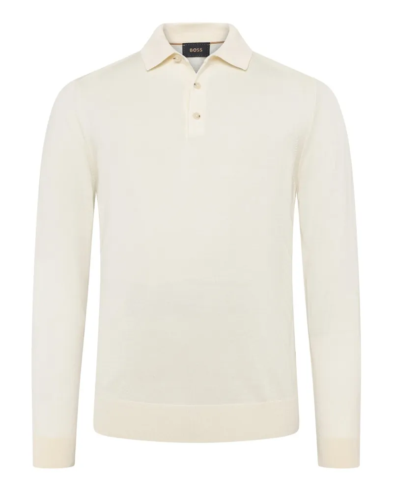 HUGO BOSS Langarm-Strick-Poloshirt aus einem soften Wollmix in Offwhite
