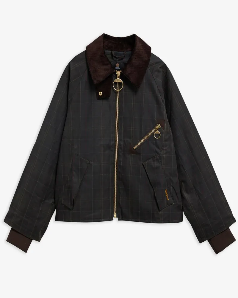 Barbour Damen-Wachsjacke Arlene mit Tartan-Muster und Cordkragen in Oliv
