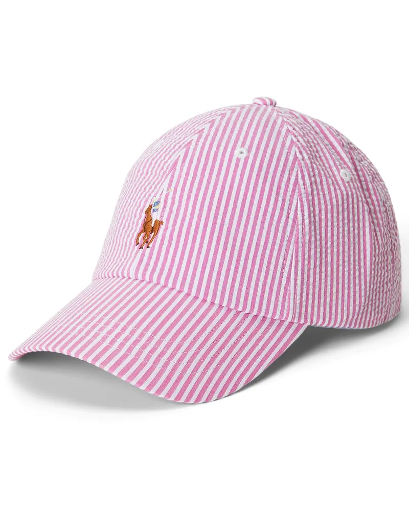 Ralph Lauren Seersucker Cap mit Stretch, Streifen und Logo-Stickerei in Pink