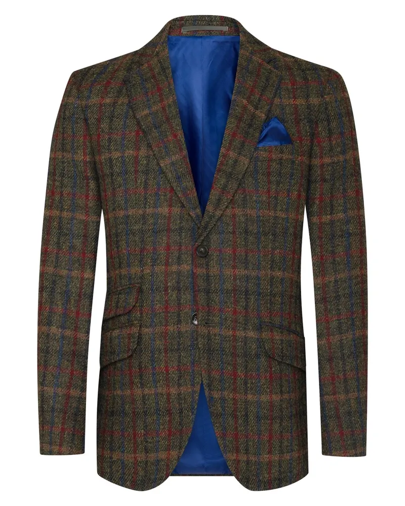 Wellington of Bilmore Kariertes Harris Tweed-Sakko London mit Ellenbogenpatches in Oliv