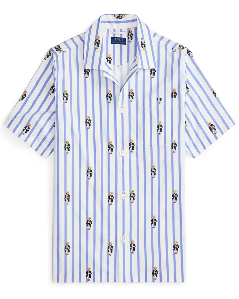 Ralph Lauren Leichtes Kurzarmhemd mit Blockstreifen und Polo-Bear-Motiven in Weiß