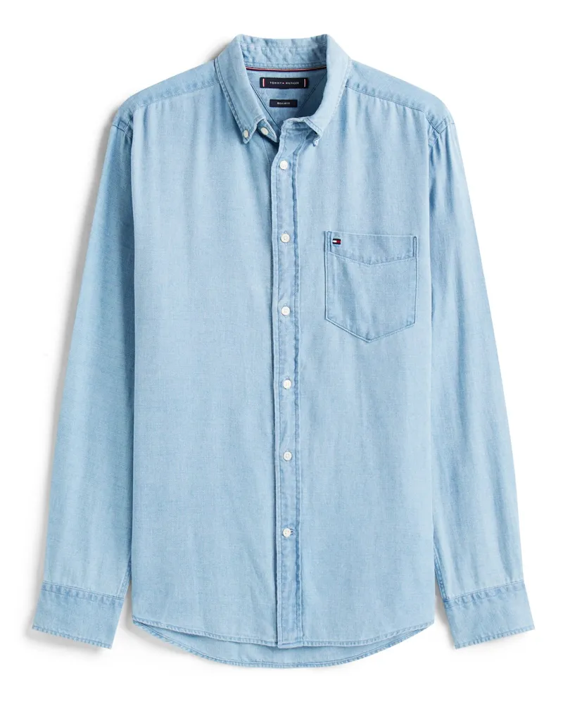 Tommy Hilfiger Softes Flanellhemd mit Logo-Aufnäher, Regular Fit in Hellblau