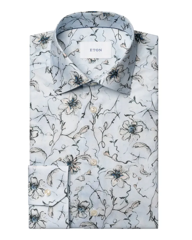 Eton Signature-Twill-Hemd mit floralem Print, Slim in Hellblau