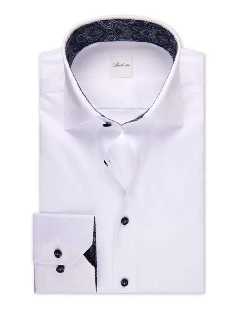 Stenströms Unifarbenes Twill-Hemd mit Ausputz, Extralang, Slimline in Weiß
