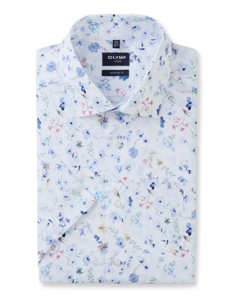 Olymp Luxor, Modern Fit, Kurzarmhemd mit floralem Allover-Print in Weiß