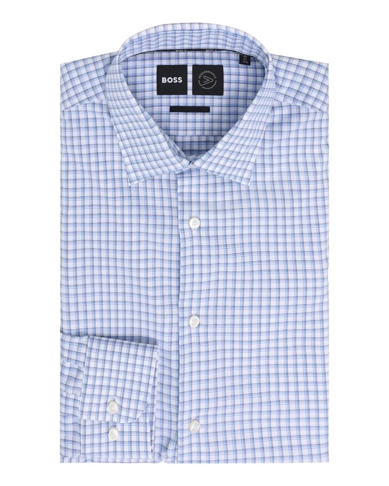 HUGO BOSS Performance Hemd mit Kleinkaro und Kentkragen, Slim Fit in Hellblau
