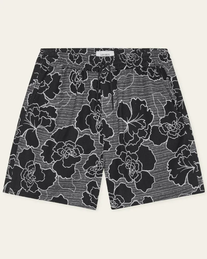 LES DEUX Legere Bermudashorts mit floralem Print und Leinenanteil in Schwarz