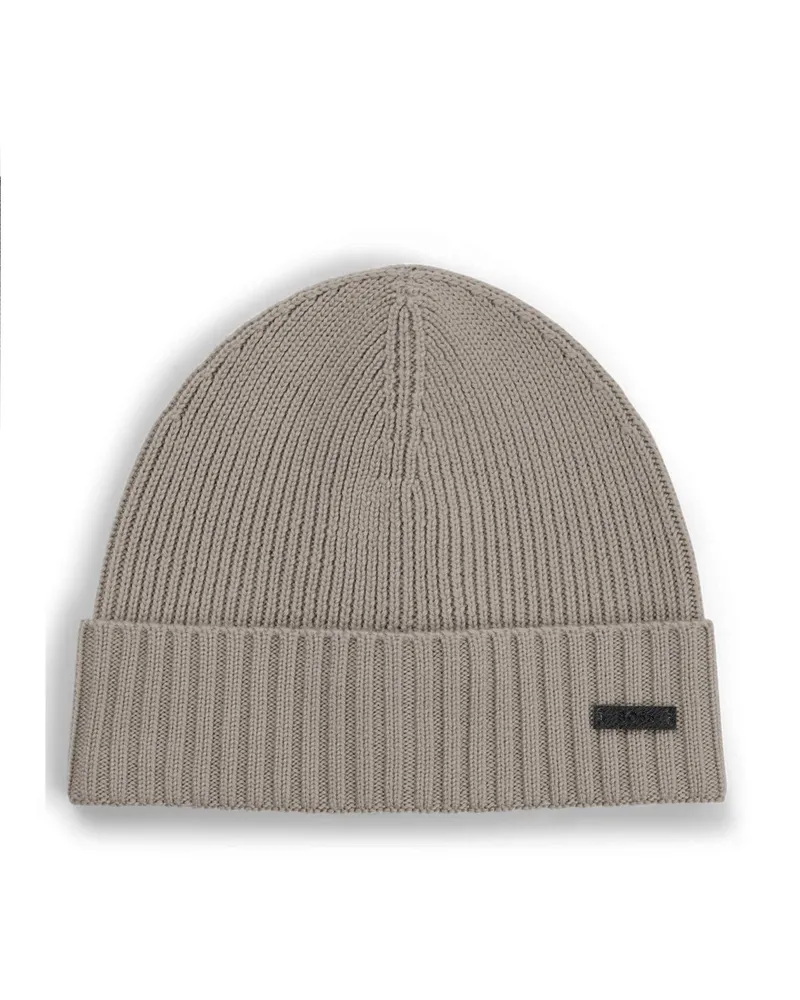 HUGO BOSS Softe Strickmütze aus Schurwolle mit Label-Aufnäher in Beige