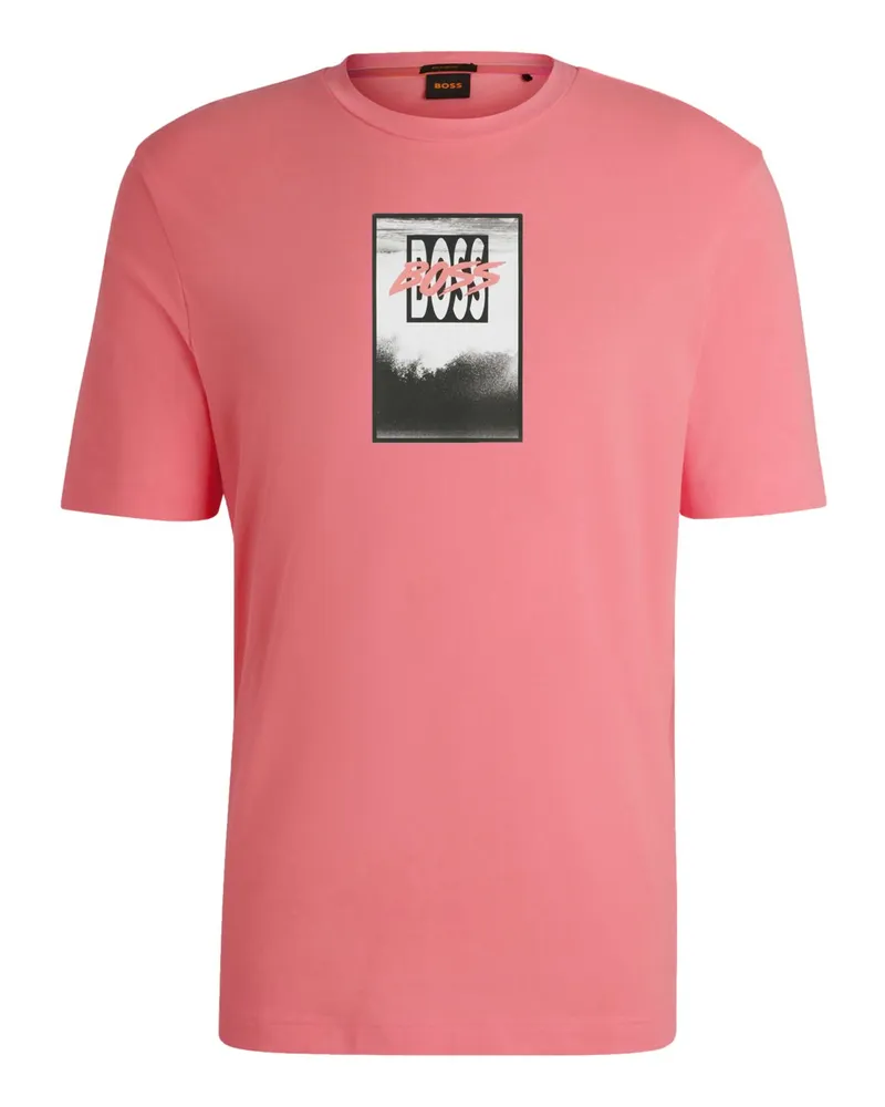 HUGO BOSS T-Shirt aus einem Baumwolljersey mit gummiertem Label-Print in Rosenrot