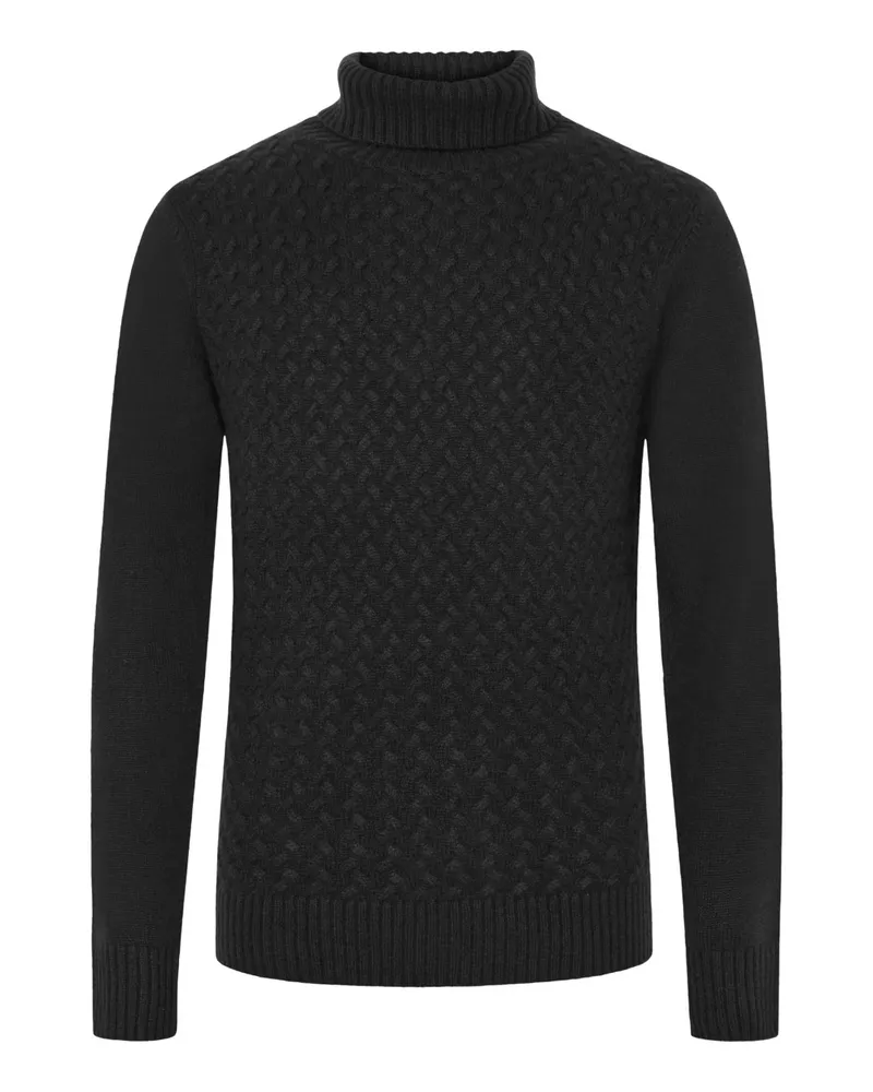 Tom Rusborg Rollkragenpullover aus Kaschmir mit frontseitigem Webmsuter in Schwarz