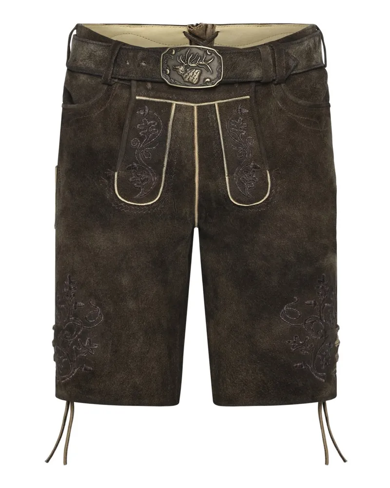 Spieth & Wensky Trachten-Lederhose mit Stickereien und Metall-Koppelverschluss in Dunkelbraun