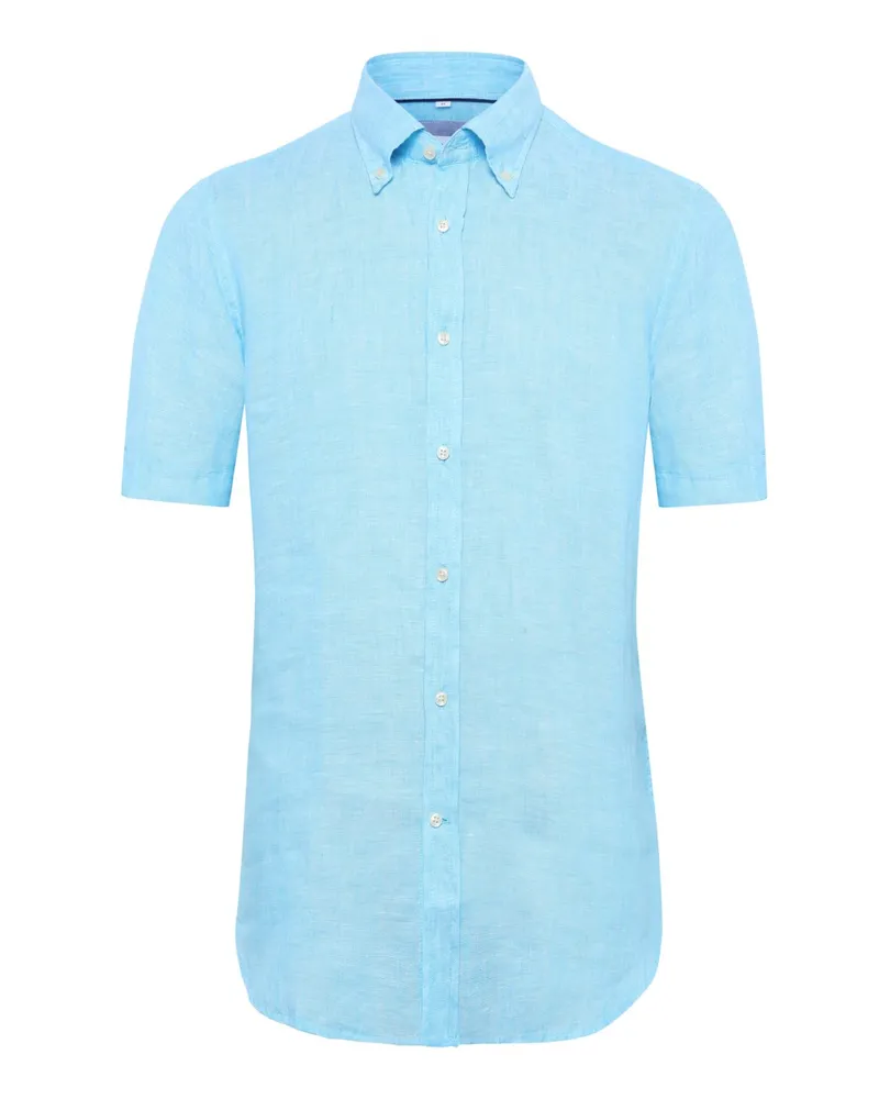 Tom Rusborg Unifarbenes Leinen-Kurzarmhemd mit Button Down-Kragen, Regular in Blau