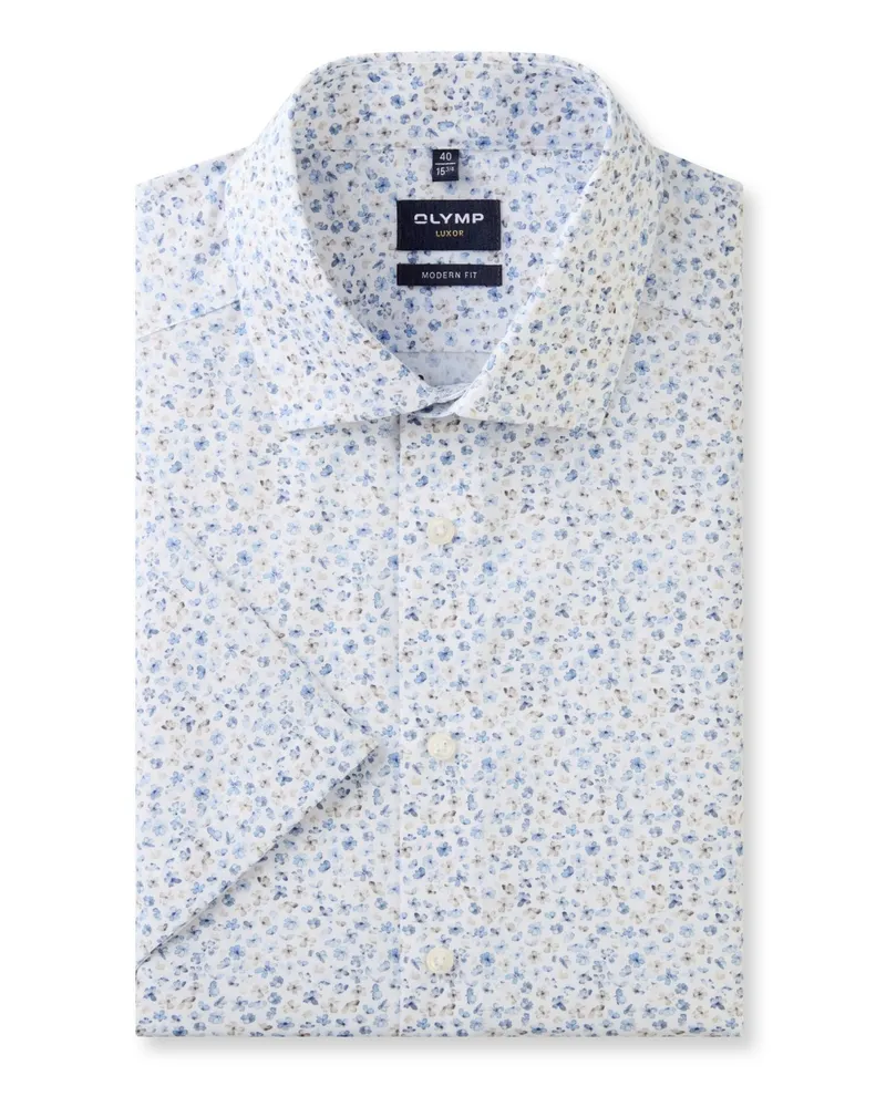 Olymp Luxor, Modern Fit, Kurzarmhemd mit floralem Allover-Print in Weiß