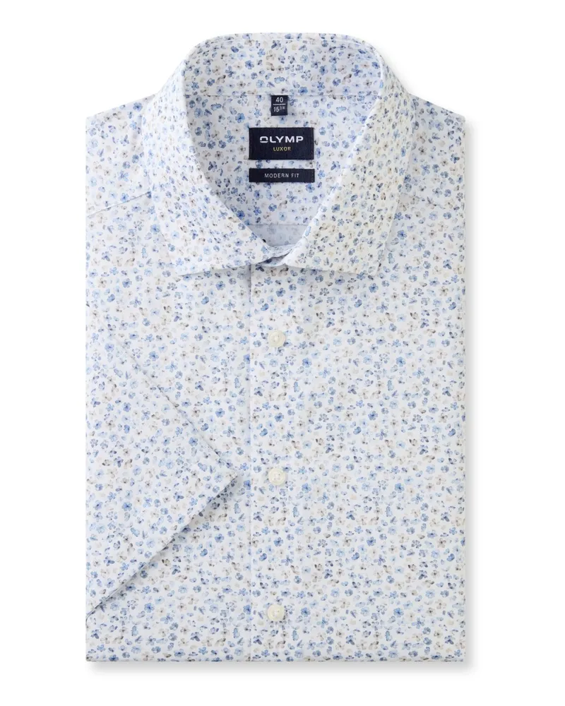 Olymp Luxor, Modern Fit, Kurzarmhemd mit floralem Allover-Print in Weiß