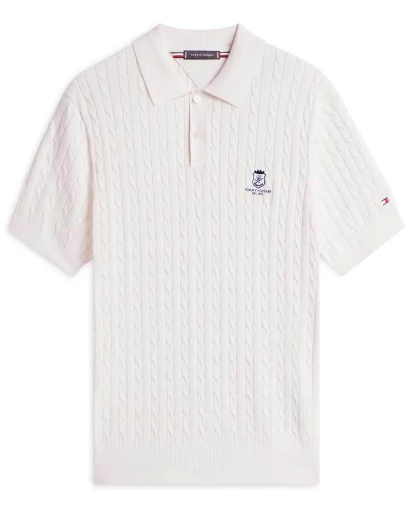Tommy Hilfiger Zopfstrick-Poloshirt mit Wappen-Stickerei, Regular in Offwhite