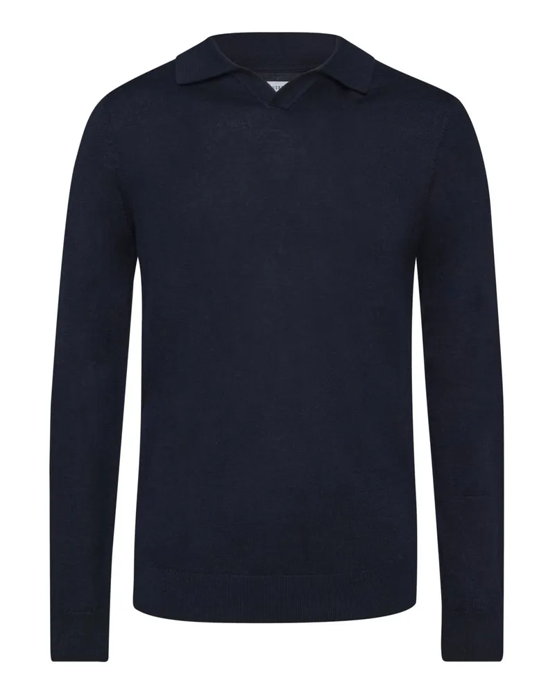 Tom Rusborg Glattstrick-Langarmpoloshirt aus Merinowolle mit Variokragen in Marine