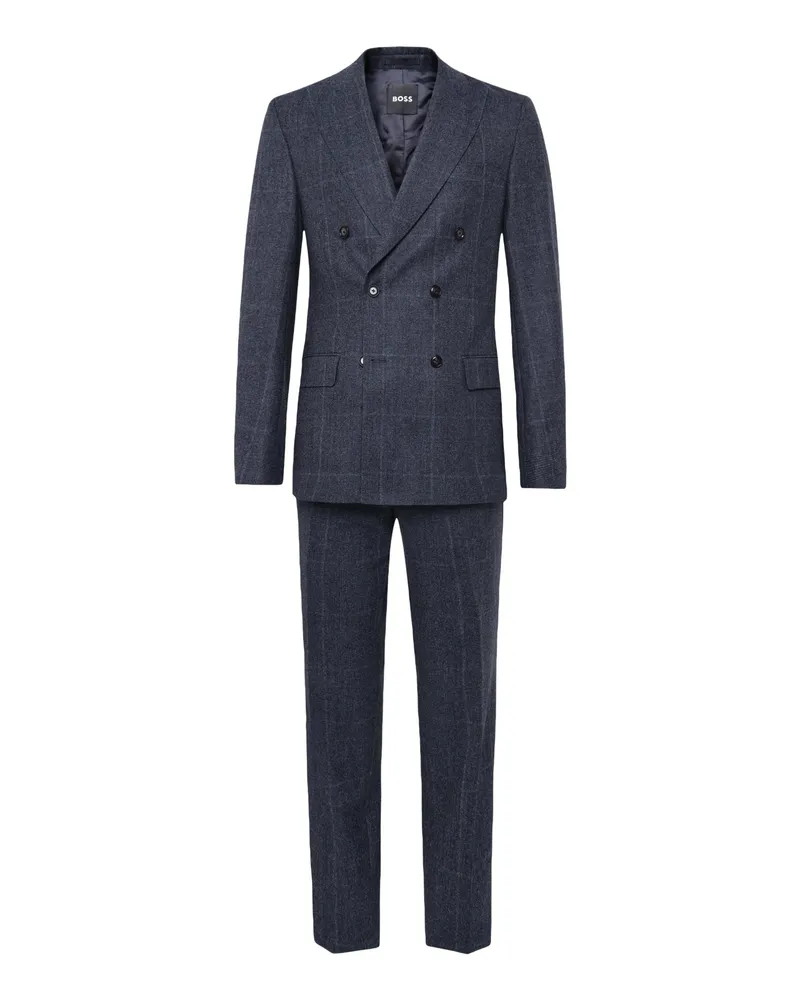 HUGO BOSS Karierter zweireihiger Anzug aus feiner Schurwolle, Slim in Mittelblau