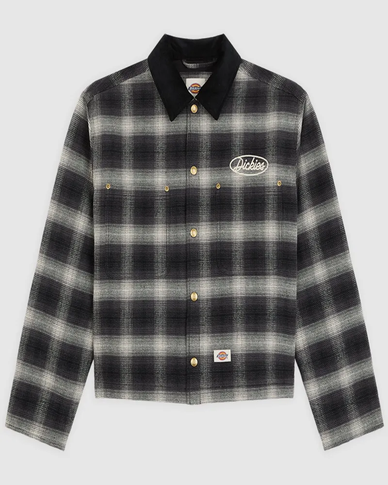 Dickies Wattierte Flanelljacke mit Check-Muster und Cordkragen in Schwarz