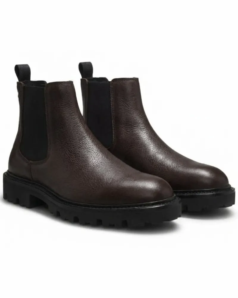 HUGO BOSS Chelsea-Boots aus genarbtem Leder mit Zuglasche in Dunkelbraun